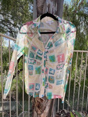 Pretty Garbage Women's Large Wanderlust Retro Mesh L/S Eclectic Collared Shirt
